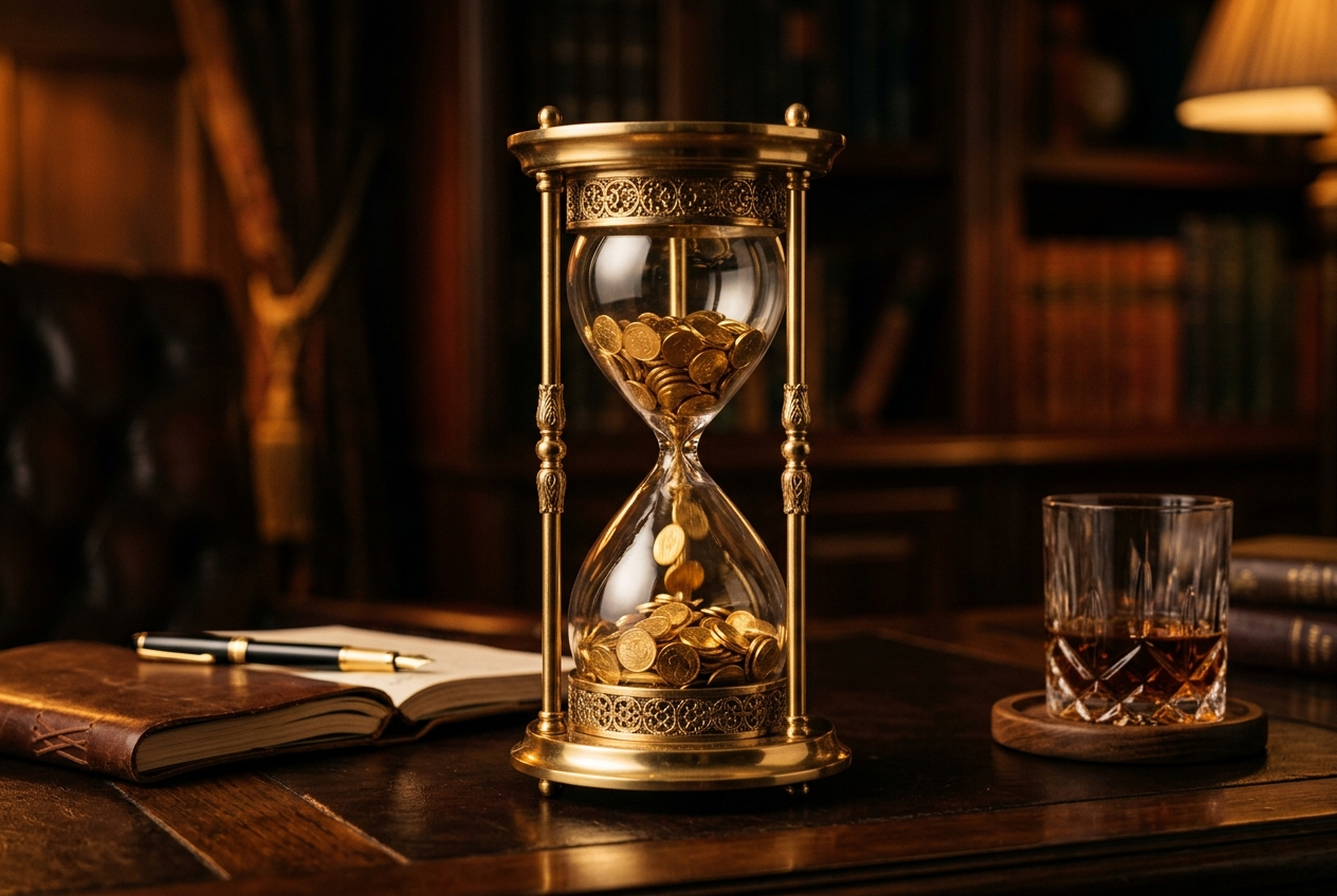 An hourglass, coins, books, and financial notes representing patient long-term investing.